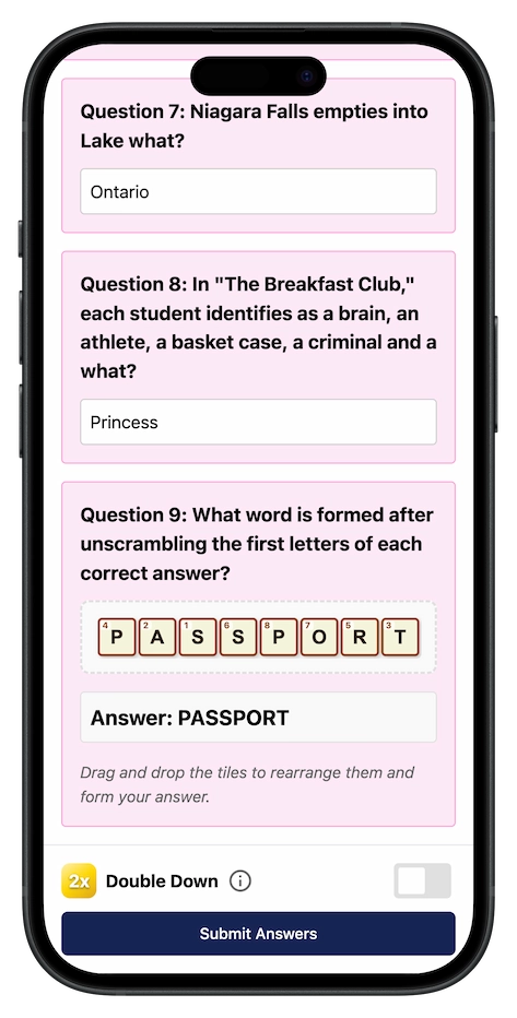 Trivia Tycoon mobile app interface showing live game dashboard